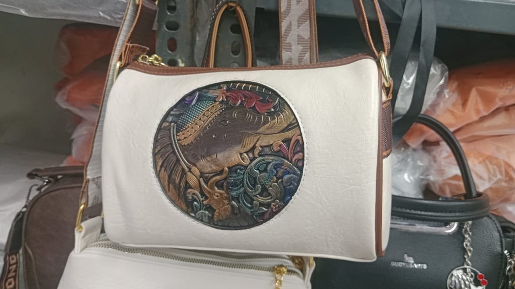 White Handbag with Dragon Motif - AM01430MB Stylish handbag featuring an embroidered dragon design
